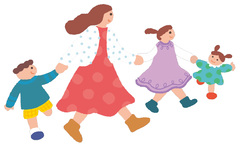 子供3人をつれた母親のイラスト